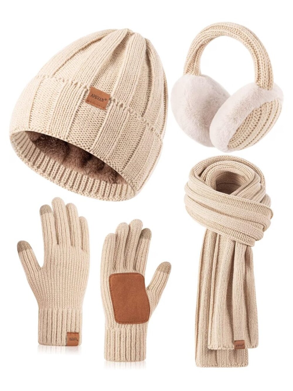 Women's 4-in-1 Winter Set Fleece Lined Beanie Scarf Touchscreen Gloves Earmuffs